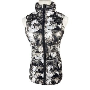 Betsey Johnson Performance Floral Puffer Vest Black White Grey Zip Front Small